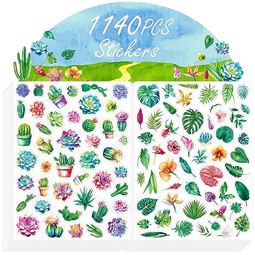1140PCS Blatt- und Kaktus-Aufkleber, 24 Blätter Grüne Blüten-Aufkleber Pflanzen-Aufkleber Frühlings-Themen-Partybedarf Dekorationen für Kinder Lehrer Klassenzimmer von Hebayy