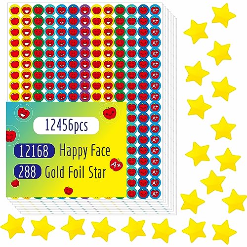 12456 runde Aufkleber, mehr als 12100 Apple Happy Face & 288 Goldfolien-Stern-Aufkleber in 14 Farben und 14 Designs für Belohnungs-Verhaltensdiagramm (jeweils 1 cm) von Hebayy