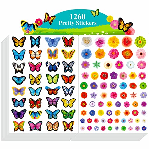 1260 Stück Schmetterlings- und Blumen-Aufkleber, 24 Blätter, bunte Frühlings-Blüten-Aufkleber, Insekten- und Pflanzen-Aufkleber, Frühlingsthemen, Partyzubehör, Dekorationen für Kinder, Lehrer von Hebayy