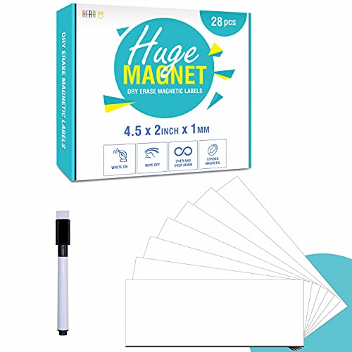 28er-Packung trocken abwischbare Whiteboard-Magnete; beschreibbare, flexible, magnetische Etiketten für den Kühlschrank, das Büro, für Schule und Heimgebrauch (jeweils 11 x 5 cm) von Hebayy