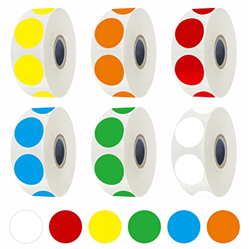 3000 runde Farbcodierungsetiketten, bunte Kreispunkt-Aufkleber, leuchtend rot/gelb/blau/grün/orange/weiß, selbstklebende Aufkleber für die Inventarorganisation (1.9cm Durchmesser, 500 Stück pro Rolle) von Hebayy