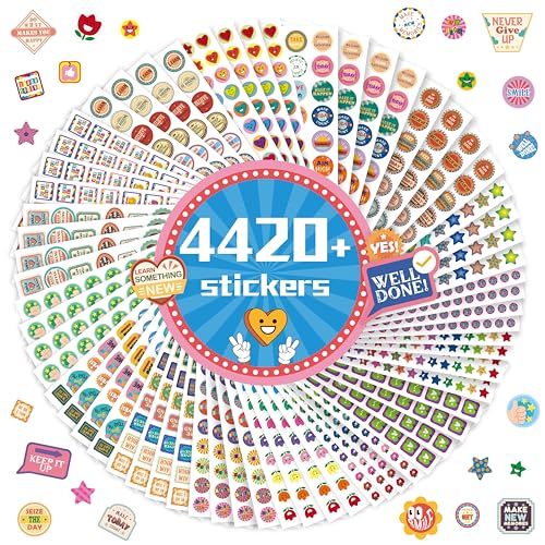 4420+PCS Anreiz-Aufkleber, mehr als 400 Designs Sterne/Blumen/Daumen Hoch Motivationsaufkleber Belohnungsgeschenke für Lehrer, Eltern und Klassenzimmer (64 Blätter) von Hebayy