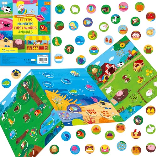 Hebayy Jelly Sticker Matching Game, 70 Wiederverwendbare Geleesticker, Buchstaben, Zahlen, Tiere, Lebensmittel, Erste Wörter, wasserdichte Gel-Dekore, Lernspielzeug & Spielbuch von Hebayy