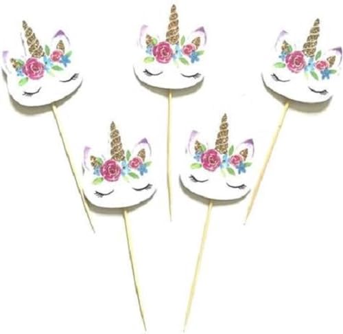 24 Stück - Einhorn - Blumengesicht - Cocktail- und Kuchenstecher für Cupcakes - Party - Kuchen - ab Heble von Heble