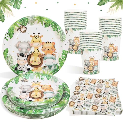 125pcs Dschungel Safari Partygeschirr Set für 25 Gäste, wiederverwendbare Pappteller Tassen Servietten für Wild One Geburtstag Deko Junge Mädchen von Heboland