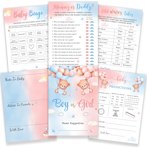 Geschlechtsoffenbarungsdekorationen, 74 Stück, Bär, Baby, Geschlechtsoffenbarungsspiele für 24 Gäste, 6 lustige Bingo-Spiele für Babypartys, Jungen oder Mädchen, Ideen zum Enthüllen, blau-rosa Geschlechtsoffenbarungsdekorationen, 74 Stück, Bär, Baby, Geschlechtsoffenbarungsspiele für 24 Gäste, 6 lustige Bingo-Spiele für Babypartys, Jungen oder Mädchen, Ideen zum Enthüllen, blau-rosa von Heboland