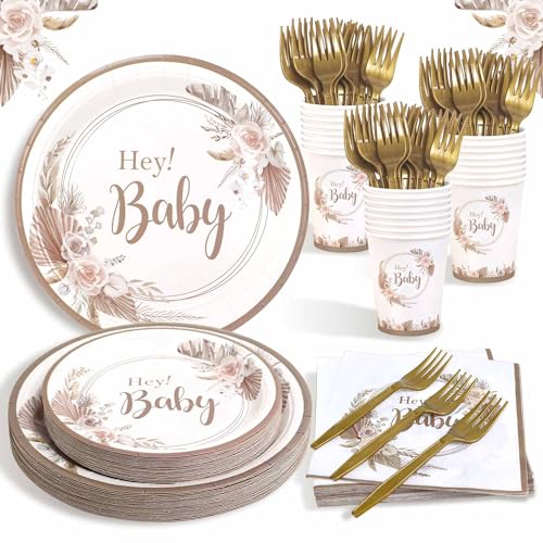 Heboland Babyparty Deko Partygeschirr Set, 125 Stück Neutral Hey Baby Party Decoration Teller Becher Servietten für Baby Shower Deko Heboland Babyparty Deko Partygeschirr Set, 125 Stück Neutral Hey Baby Party Decoration Teller Becher Servietten für Baby Shower Deko von Heboland