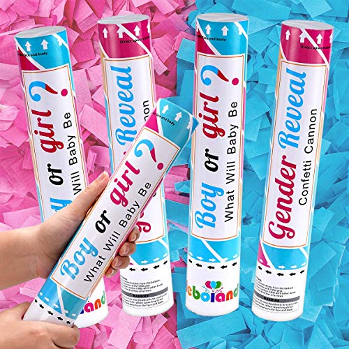 Heboland Gender Reveal Konfettikanone Boy or Girl, Junge oder Mädchen, 2 rosa und 2 blaue 30 cm Konfettikanone, sichere luftkomprimierte Druckknöpfe für Gender Reveal Party Deko von Heboland