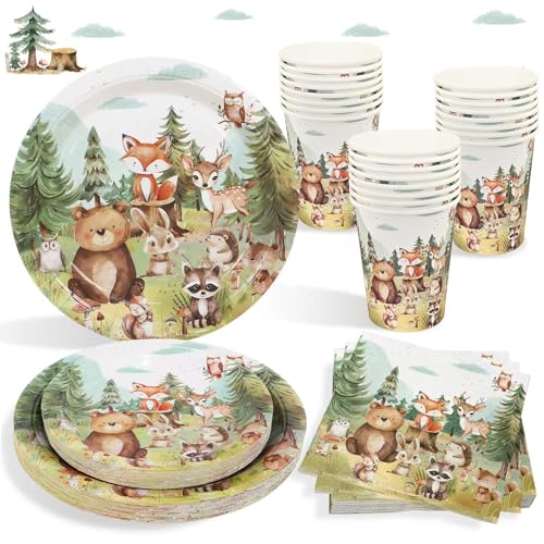 Waldtiere Geburtstag Deko Pappteller Set, 125pcs wiederverwendbare Pappteller Kindergeburtstag Pappbecher Servietten für Geburtstagsdeko Junge Mädchen, 25 Gäste von Heboland