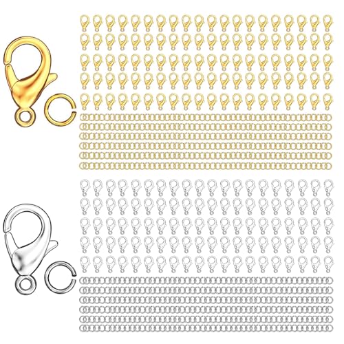 Hebterrka 600 Stück Hummerkrallen Verschlüsse und offene Sprungringe Set, Gold und Silber Kettenverschluss, Armband Verschlüsse und Schließen von Hebterrka