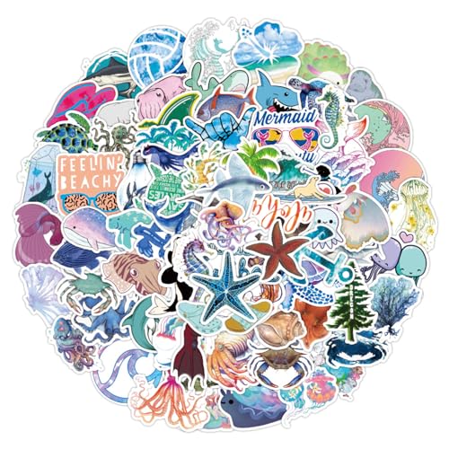 Hebterrka Meerestiere Sticker Set, 100 Wasserfeste Aufkleber Für Kinder, Jugendliche Und Erwachsene, Bunte Sticker Von Fischen, Schildkröten, Walen, Ideal Für Laptop Und Mehr von Hebterrka