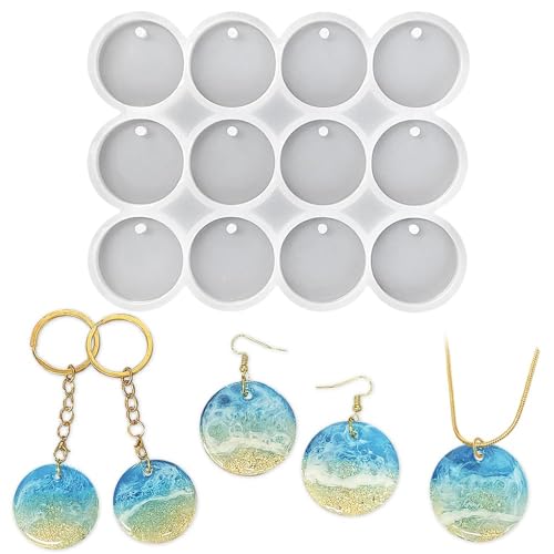 12 Stück Epoxidharz Silikon Formen, Schmuck und Schlüsselanhänger-DIY Anhänger Formen Set – runde Form mit Löchern, geeignet für Harzguss, Ohrringe, Schlüsselanhänger und Tiermarken-Formen-Sets von HecticCore