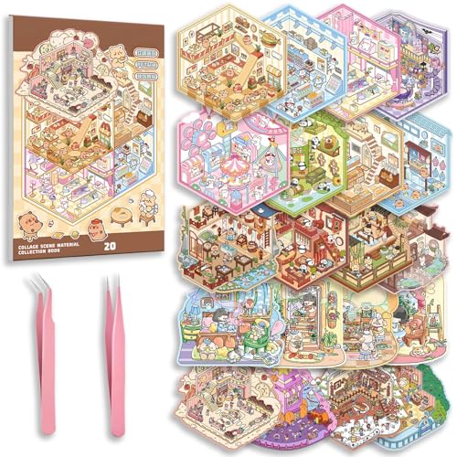 20 Sets 3D Sticker Scene Book – DIY Miniatur Haus Sticker 3D mit Pinzette, Hausaufkleber für Kinder & Erwachsene, Aufkleber-Szene Buch mit Vergnügungspark, Restaurant, Bibliothek, Stressabbau & Deko von HecticCore