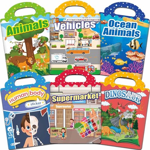 Stickerbuch ab 2 3 4 Jahre – 6er Set Wiederverwendbare Stickerbücher mit 300+ 3D Stickern – Sticker Kinder mit Tier,Fahrzeug,Ozean,Supermarkt,Körper, Dino – Geschenkidee Mädchen Jungen Reise Spielzeug Stickerbuch ab 2 3 4 Jahre – 6er Set Wiederverwendbare Stickerbücher mit 300+ 3D Stickern – Sticker Kinder mit Tier,Fahrzeug,Ozean,Supermarkt,Körper, Dino – Geschenkidee Mädchen Jungen Reise Spielzeug von HecticCore