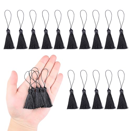 HedongHexi Mini-Lesezeichen-Quasten, 10 cm, mit Schlaufen für Schlüsselanhänger, Ohrringe, Lesezeichen, Schmuckherstellung, DIY-Projekte (schwarz), 45 Stück von HedongHexi