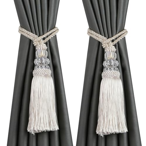 HedongHexi Vorhang-Raffhalter mit Quaste, elegant, dekorativer Vorhanghalter, modernes Seil, Fenstervorhang, Raffhalter für Vorhänge mit Haken, 2 Stück (2, Beige) von HedongHexi