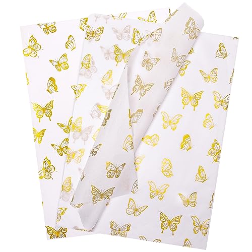 60Pcs Schmetterling Seidenpapier Blätter, 14x20inch Gold Wrapping Seidenpapier Bulk für Verpackung Hochzeit Weihnachten Geburtstag Party DIY Geschenk Dekorationen (weiß, 50X35cm) von Heekcaa