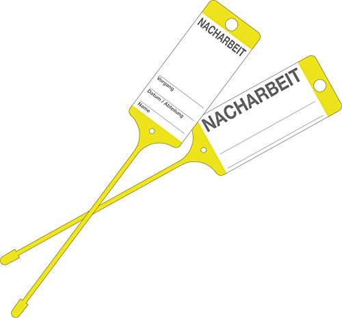 100 Stück gelbe Warenanhänger mit Aufdruck: Nacharbeit; aus wetterfester PP-Folie von Heers-Bielefeld