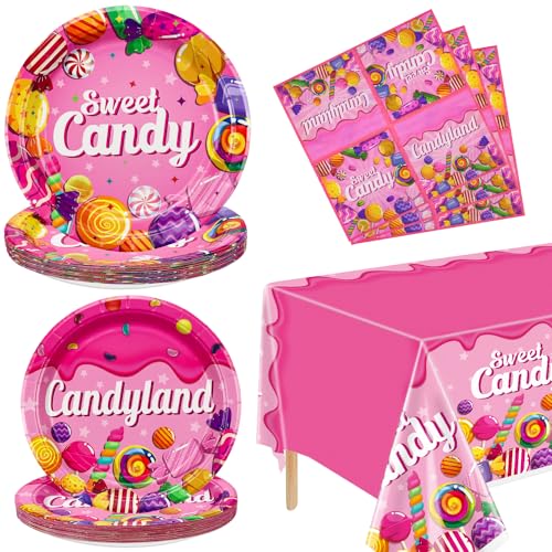 Candyland Party Dekorationen - 61Pcs Geburtstag Teller, Servietten, Süßigkeiten Tischdecke für Lollipop Thema Geburtstag Party Dekorationen Süßigkeiten Thema Party Supplies, servieren 20 von Hegbolke