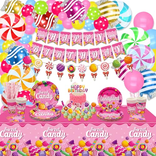 Candyland Party Dekorationen mit Lollipop Thema Geburtstagsparty Dekorationen einschließlich Süßigkeiten Ballons, Banner, Teller, Tischdecken, Tassen, Servietten für Süßigkeiten Thema Party Zubehör Candyland Party Dekorationen mit Lollipop Thema Geburtstagsparty Dekorationen einschließlich Süßigkeiten Ballons, Banner, Teller, Tischdecken, Tassen, Servietten für Süßigkeiten Thema Party Zubehör von Hegbolke