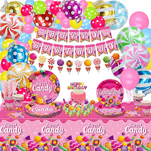 Candyland Partydekorationen – Lollipop-Motto-Geburtstagsparty-Dekorationen, einschließlich Teller, Becher, Servietten, Tischdecke, Banner für Süßigkeiten-Themenparty-Zubehör (Stellen Sie E ein) von Hegbolke