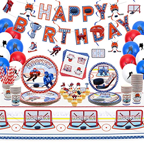 Hegbolke Hockey-Party-Dekorationen – Eishockey-Geburtstagsfeier-Set mit Tellern, Bechern, Servietten, Tischdecke, Wirbel zum Aufhängen, Luftballons, Banner für Kinder-Hockey-Fans zum Geburtstag von Hegbolke