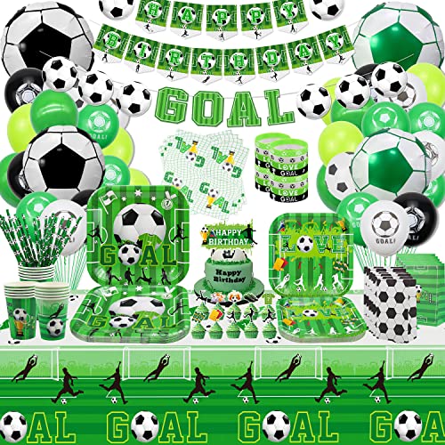 Hegbolke Fußball-Geburtstag Party Supplies - einschließlich Happy Birthday Banner, Fußball Gunst Taschen, Fußball-Silikon-Armbänder, Teller, Tassen, Servietten, Tischdecke, Luftballons - serviert 20 von Hegbolke
