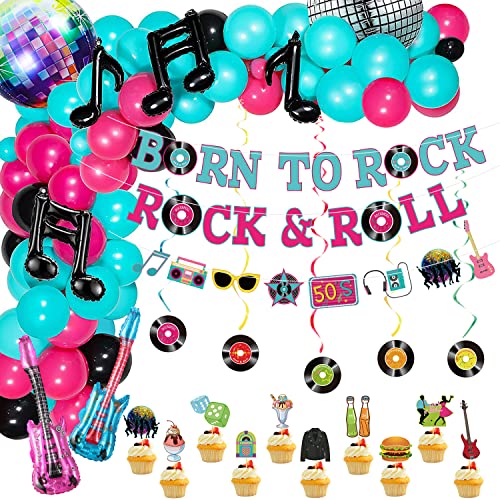Hegbolke 91 Stück 50er Rock and Roll Partydekorationen | einschließlich Elementflagge, hängender Wirbel, Tortenaufsätze, Luftballons, Banner für 50er Jahre Themenparty, Sock Hop Partydekorationen von Hegbolke