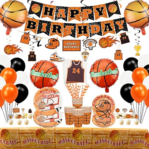 Basketball-Party-Dekoration – Zubehör für Basketball-Geburtstagsfeiern, einschließlich 4 Basketball-Luftballons, Teller, Becher, Servietten, hängende Wirbel, Banner und Luftballons – für 20 Personen von Hegbolke
