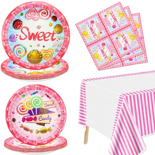 Hegbolke Candyland Party Supplies Serve 20-81Pcs Teller Servietten Tischtuch für Lollipop Thema Geburtstag Party Dekorationen Candyland Themed Party Dekorationen von Hegbolke