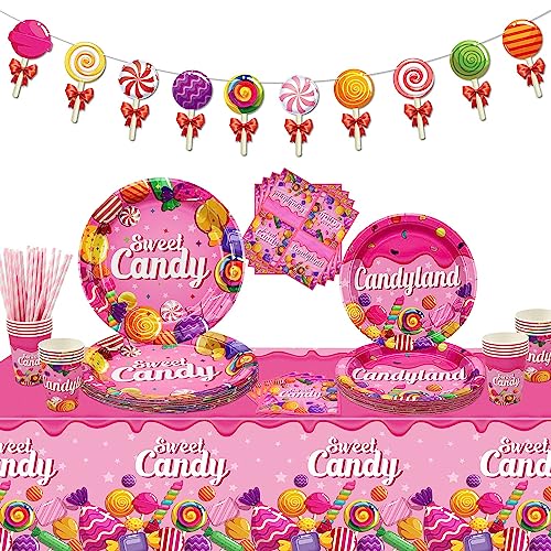Hegbolke Candyland Partydekorationen – Lollipop-Motto-Geburtstagsparty-Dekorationen, einschließlich Teller, Becher, Servietten, Tischdecke, Banner für Süßigkeiten-Themenparty-Zubehör – für 20 Personen von Hegbolke