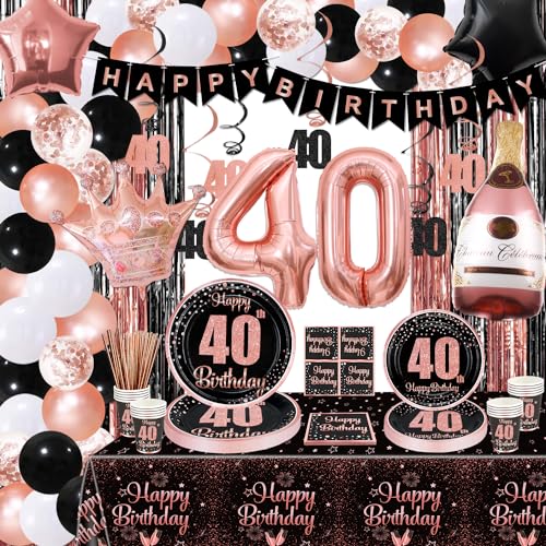 Hegbolke Dekorationen zum 40. Geburtstag – Partydekorationen in Schwarz und Roségold, Luftballons, Banner, Servietten, Becher, Tischdecke, Partyzubehör zum 40. Geburtstag für Frauen, für 20 Personen von Hegbolke