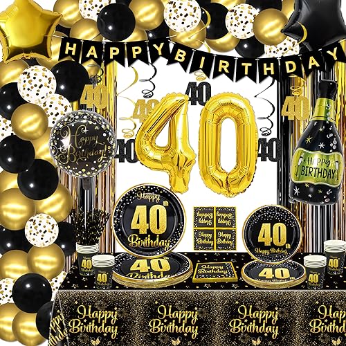 Hegbolke Dekorationen zum 40. Geburtstag – Schwarz-goldene Partydekorationen, schwarzgoldene Luftballons, Banner, Teller, Servietten, Becher, Tischdecke, für 20 Personen von Hegbolke