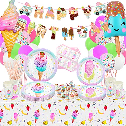 Hegbolke Eiscreme-Geburtstagsparty-Dekorationen – einschließlich Teller, Tassen, Servietten, Tischdecke, Luftballons, Banner für Mädchen-Kits, Creme-EIS am Stiel, Themenparty – für 20 Personen von Hegbolke
