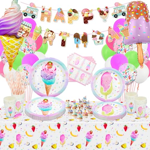 Hegbolke Eiscreme-Geburtstagsparty-Dekorationen – einschließlich Teller, Tassen, Servietten, Tischdecke, Luftballons, Banner für Mädchen-Kits, Creme-Eis am Stiel, Themenparty – für 20 Personen von Hegbolke