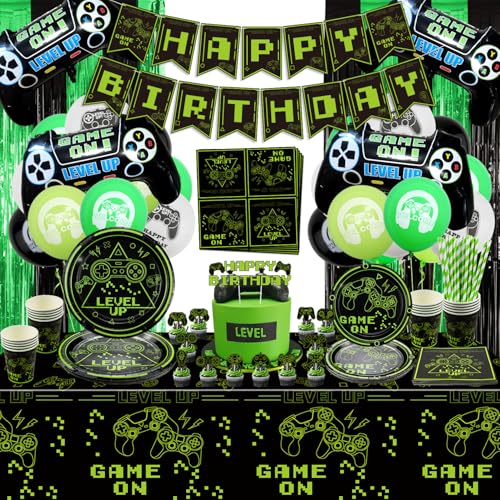 Hegbolke Videospiel-Party-Zubehör – Gamer-Geburtstags-Deko-Set für Jungen, einschließlich Happy Birthday-Banner, Teller, Tassen, Servietten, Geschirr, Tischdecken – für 20 Personen… von Hegbolke