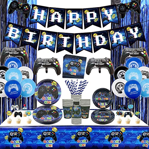 Hegbolke Videospiel-Party-Zubehör – Gamer-Geburtstags-Deko-Set für Jungen, einschließlich Happy Birthday-Banner, Teller, Tassen, Servietten, Geschirr, Tischdecken – für 20 Personen… von Hegbolke