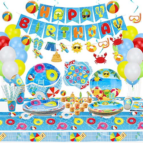Hegbolke Wasserball-Geburtstagsparty-Zubehör – Pool-Party-Dekorationsset enthält HAPPY BIRTHDAY-Banner, Wirbel zum Aufhängen, Teller, Tassen, Servietten, Tischdecke, Luftballons – für 20 Personen von Hegbolke