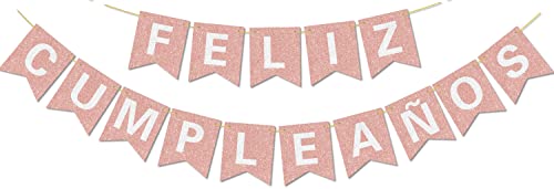 Vorgespanntes Feliz CumpleañOs-Banner – KEIN DIY – mit glänzenden Buchstaben, Glitzer-Feliz CumpleañOs-Banner für roségoldene Geburtstagsparty-Dekorationen und Zubehör von Hegbolke
