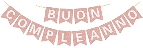 Vorgespanntes Buon Compleanno-Banner – KEIN DIY – mit glänzenden Buchstaben Glitzer Buon Compleanno-Banner für Roségold-Geburtstagsfeier-Dekorationen und Zubehör von Hegbolke