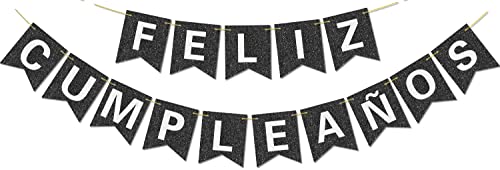 Vorgespanntes Feliz CumpleañOs-Banner – KEIN DIY – mit glänzenden Buchstaben, glitzerndes Feliz CumpleañOs-Banner für schwarze Geburtstagsparty-Dekorationen und Zubehör von Hegbolke