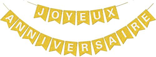Vorgespanntes Joyeux Anniversaire-Banner – KEIN DIY – mit glänzenden Buchstaben Glitter Joyeux Anniversaire-Banner für goldene Geburtstagsparty-Dekorationen und Zubehör von Hegbolke