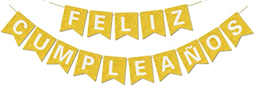Vorgespanntes Feliz CumpleañOs-Banner – KEIN DIY – mit glänzenden Buchstaben, glitzerndes Feliz CumpleañOs-Banner für goldene Geburtstagsparty-Dekorationen und Zubehör von Hegbolke