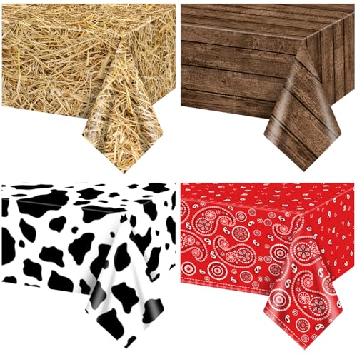 Western-Party-Tischdecken, 130 x 213 cm, Stroh-Tischdecke, Holzmaserung, Kuh-Tischdecke, Paisleymuster, Bandana-Tischdecke für Western-Motto-Party, Kindergeburtstag, Party-Dekorationen, 4 Stück Western-Party-Tischdecken, 130 x 213 cm, Stroh-Tischdecke, Holzmaserung, Kuh-Tischdecke, Paisleymuster, Bandana-Tischdecke für Western-Motto-Party, Kindergeburtstag, Party-Dekorationen, 4 Stück von Hegbolke