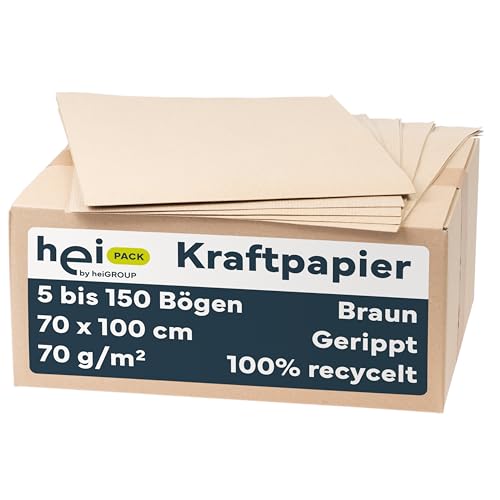 HeiPack - Kraftpapier 70 x 100 cm – 45 Bögen Packpapier, 70 g/m², braun, gerippt, 100% recycelt, ideales Verpackungspapier von HeiGroup