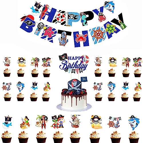 25Pcs Piraten Kuchen Toppers Set, Piraten Thema Alles Gute zum Geburtstag Kuchen Dekorationen Geburtstagsparty Zubehör für Kinder (26 Stück Piraten) von HeiPen