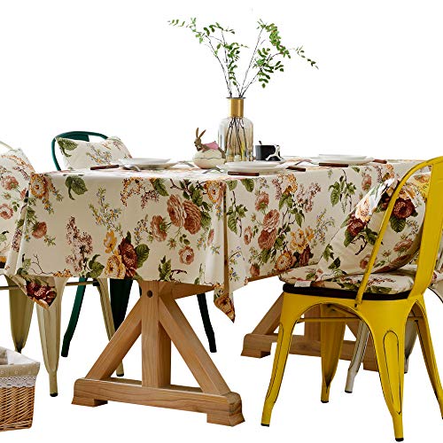 HeichkelL Landhausstil Tischdecke Abwaschbar Baumwolle Tischtuch Bedrukt Rechteckig Tischdecke mit Farbige Blumen und Blätter Beige 135 x 220 cm von HeichkelL
