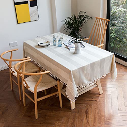 HeichkelL Tischdecke mit Streifen Leinenoptik Tischtuch mit Quasten Abwaschbar Rechteckig Tischwäsche Grau 140 x 300 cm von HeichkelL
