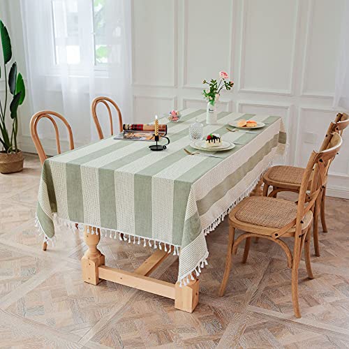 HeichkelL Tischdecke mit Streifen Leinenoptik Tischtuch mit Quasten Abwaschbar Rechteckig Tischwäsche Grün 140 x 180 cm von HeichkelL