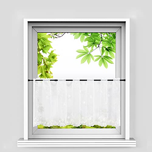 HeichkelL Scheibengardine Blumenmuster Bistrogardine Landhausstil Transparente Küchenvorhänge Kurzgardine Leinenoptik Stangendurchzug Weiß BxH 140x60 cm von HeichkelL